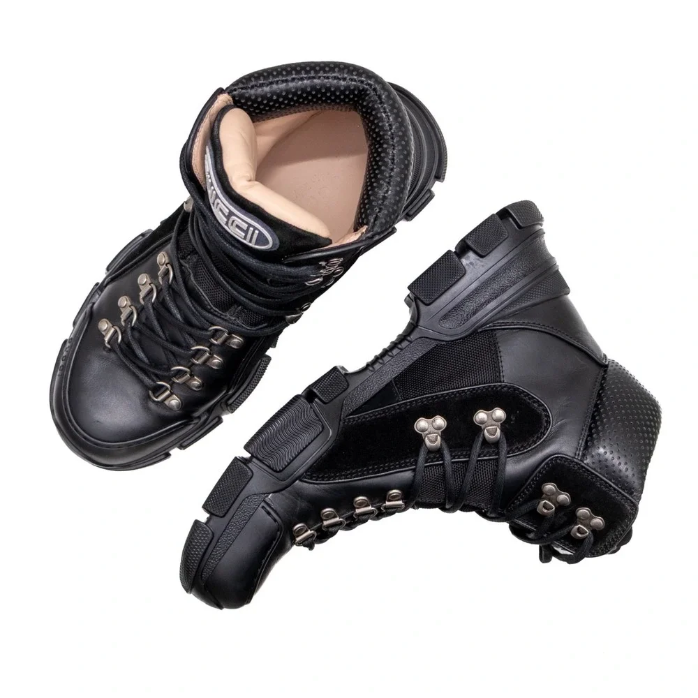 Gucci Flashtrek Black Leather High Top Hiking Boots Mens Size UK 7 US‎ 8 Chunky
